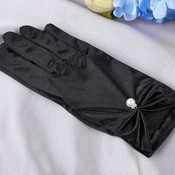 Black satin ruched pearl finger gloves cabaret burlesque pinup dinner cocktail